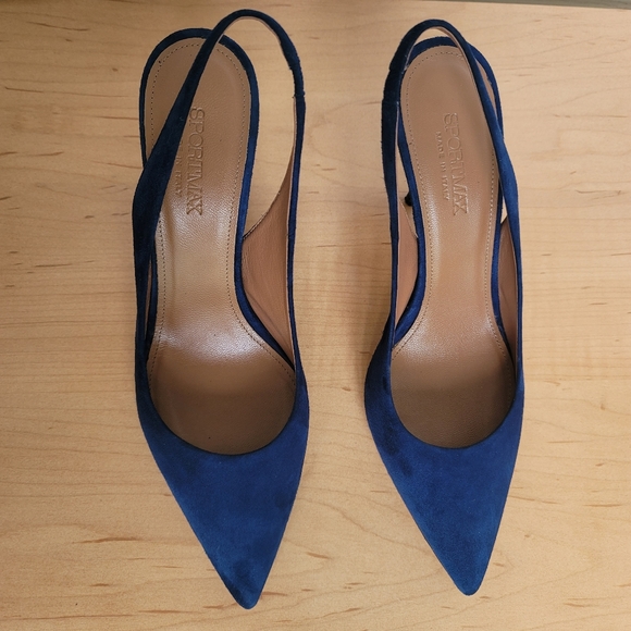 Sportmax by Max Mara Navy Leather Suede Slingback Stiletto Pump Size EU 37.5 - Picture 15 of 17
